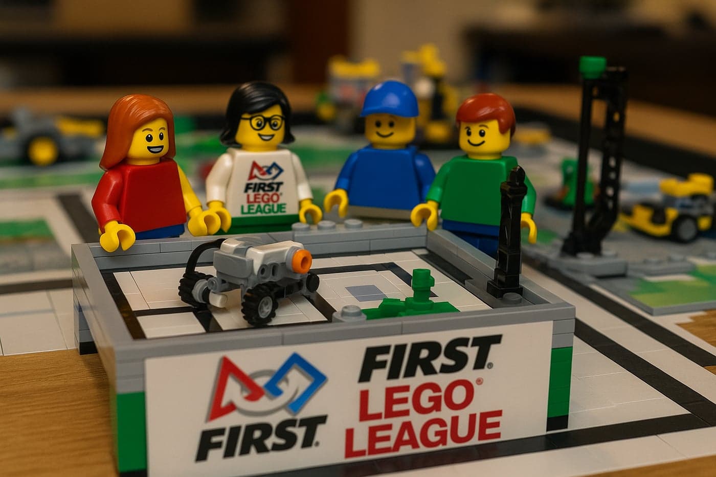 Minifigurki LEGO przy planszy turniejowej FIRST LEGO League